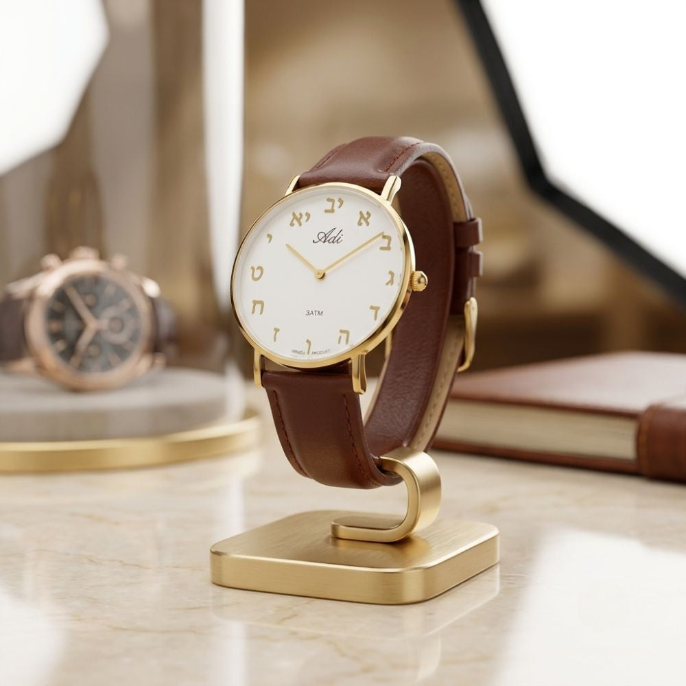 Women's Hebrew Letter Watch 35mm Gold Tone Case Brown Leather Strap