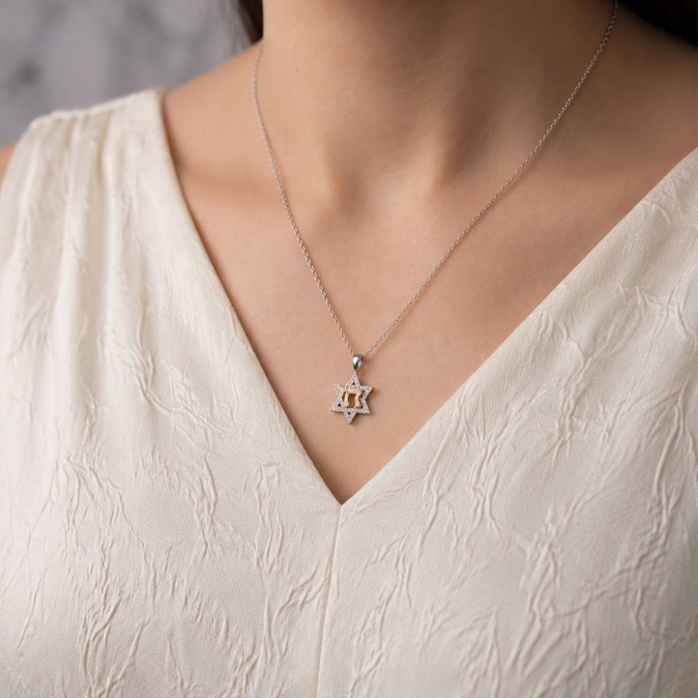 14K Two-Tone Gold Star of David & Chai Diamond Pendant