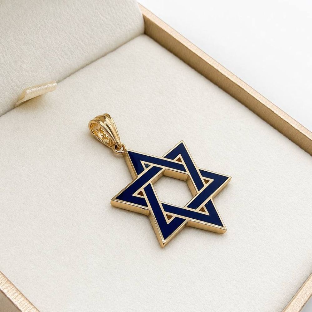 14K Gold Blue Enamel Star of David Pendant