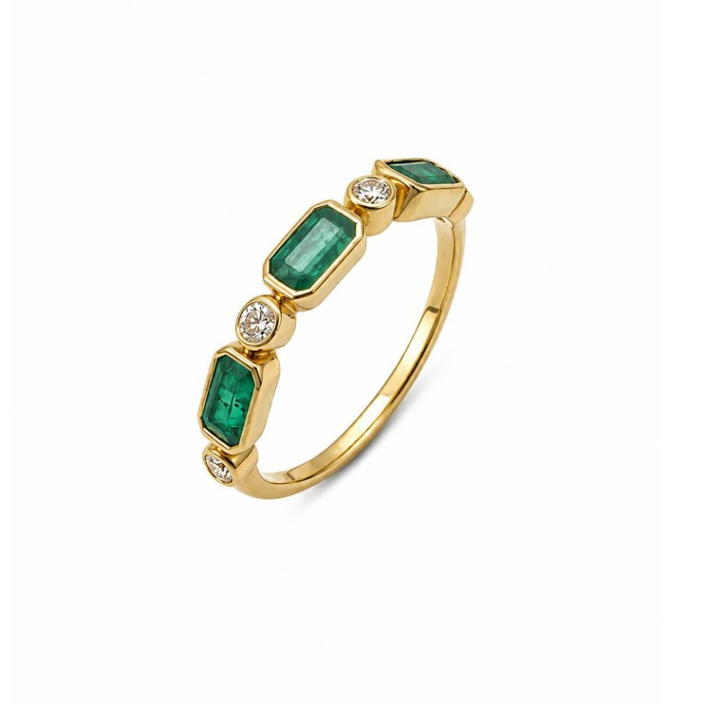 14K Yellow Gold Emerald & Diamond Geometric Band Ring