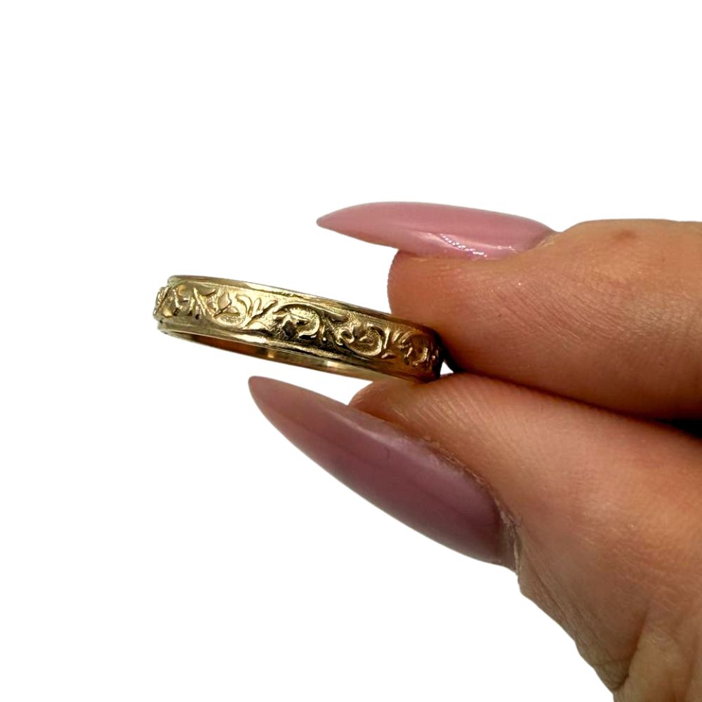 14K Yellow Gold Floral Engraved Wedding Band