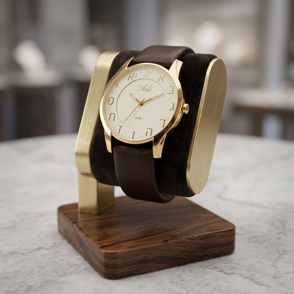 Men's Hebrew Letter Gold Tone Watch 42mm Brown Leather Strap