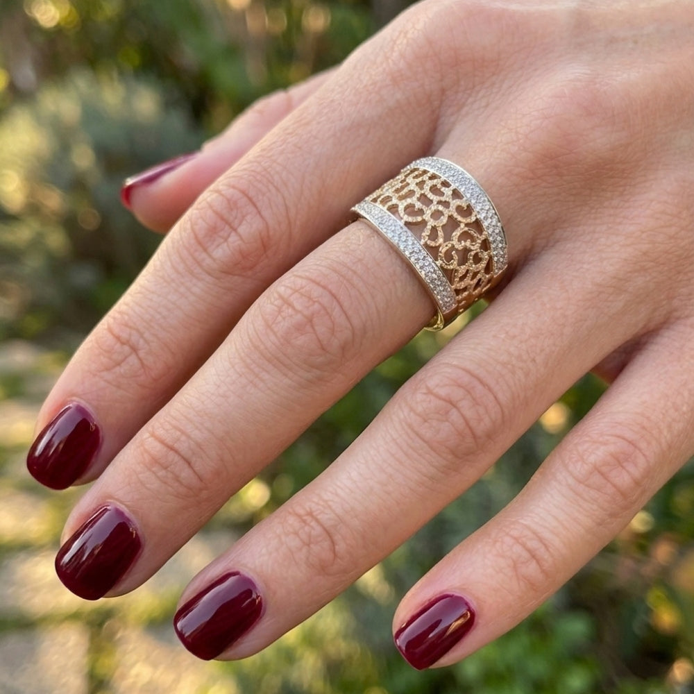 14K Gold Two-Tone Filigree Wide Band Diamond Ring