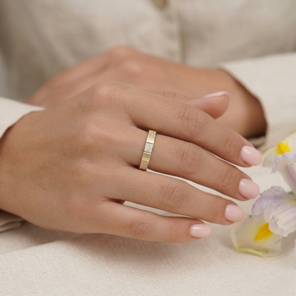 14K Gold Geometric Cube Diamond Wedding Band