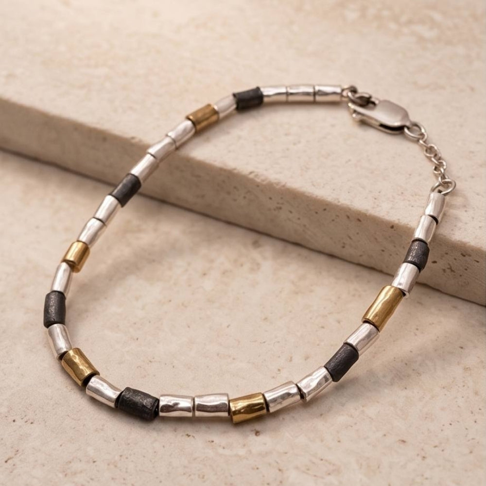 Handcrafted Mixed-Metal Israeli Beaded Bracelet – Sterling Silver, Oxidized Silver & Gold Plated Accent