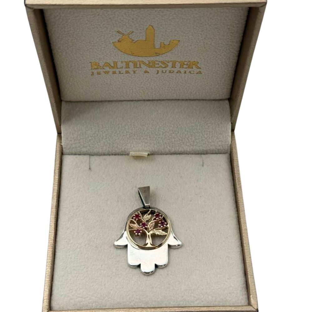 Sterling Silver & Gold Hamsa Tree of Life Pendant Necklace with Genuine Rubies