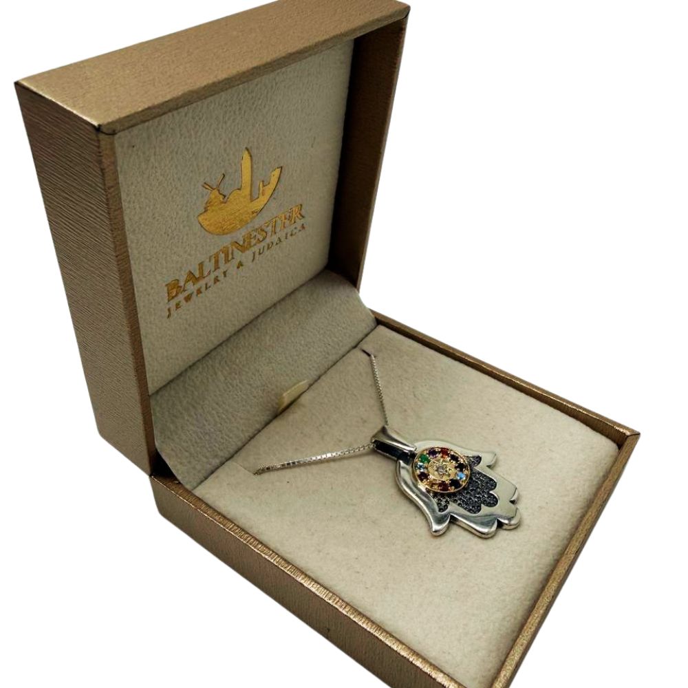 Sterling Silver & 9K Gold Hamsa Necklace with Round Hoshen Gemstones