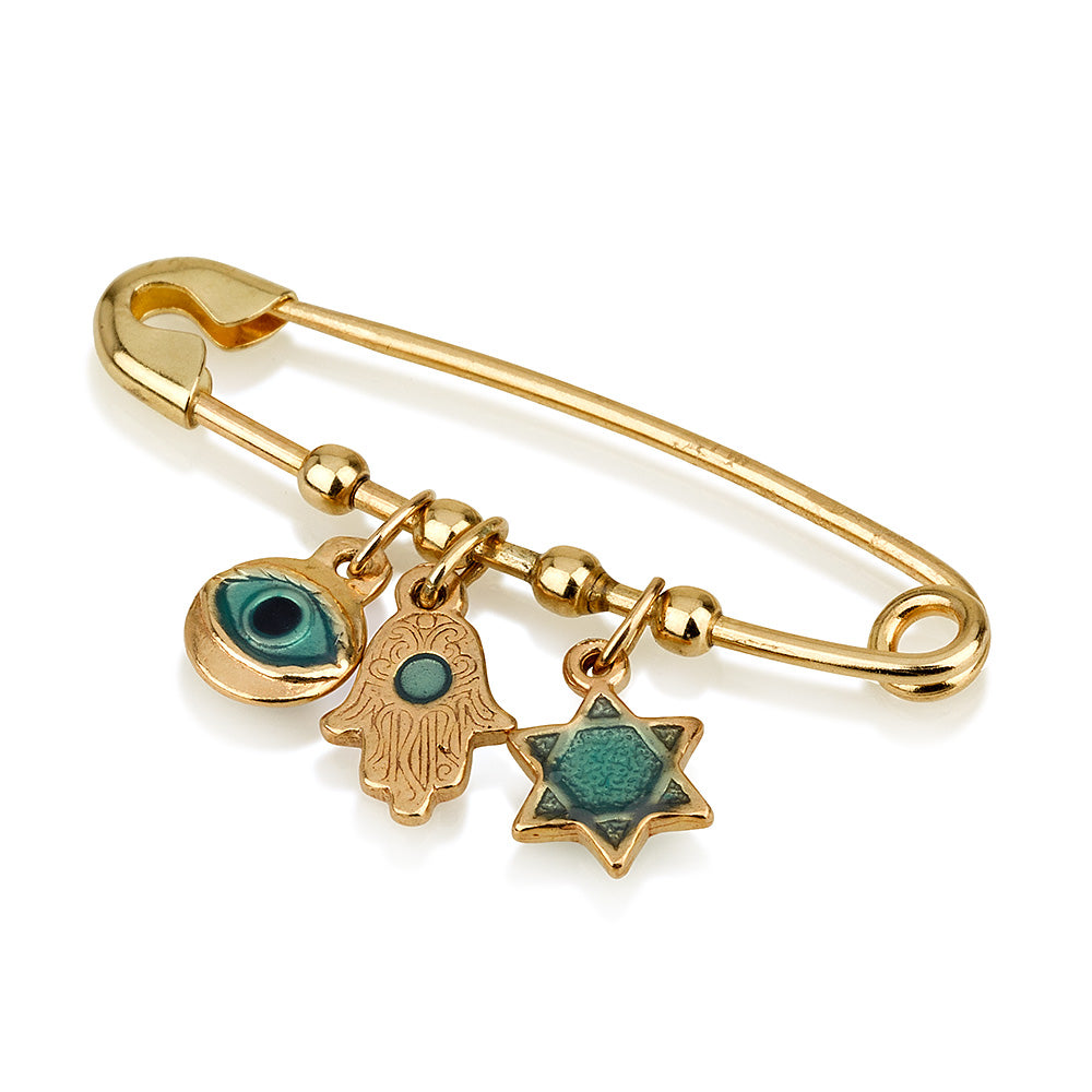 Safety Pin 14k Yellow Gold Star of David Hamsa Evil Eye Enamel Charms