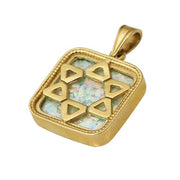 14k Gold Roman Glass Star of David Square Pendant