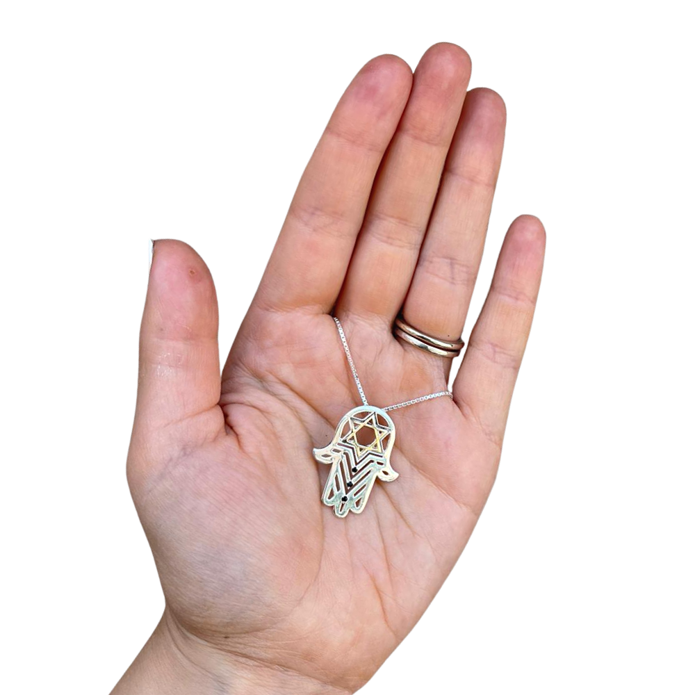 Star of David Hamsa Pendant with Black Diamonds