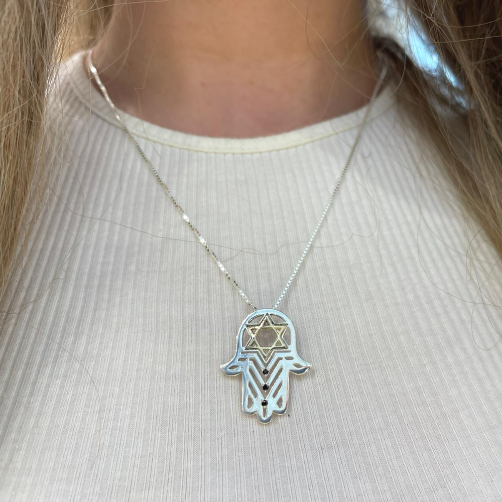 Star of David Hamsa Pendant with Black Diamonds