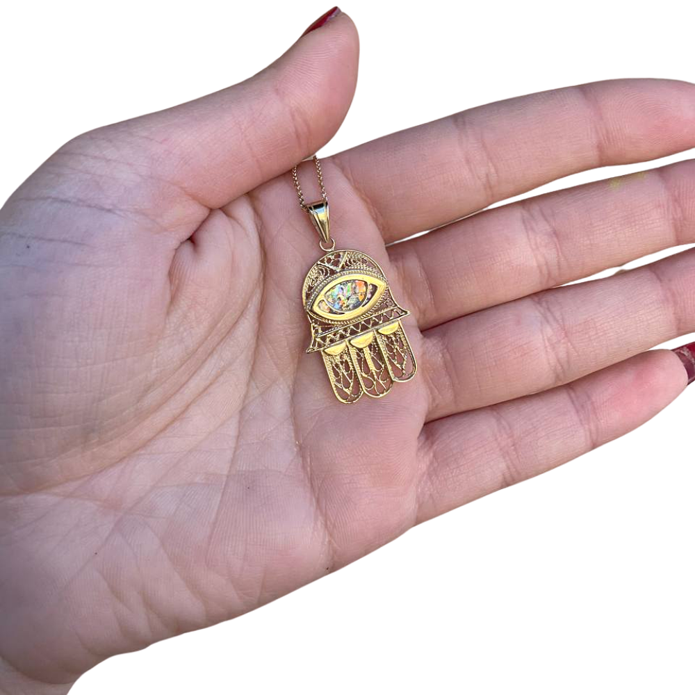 Hamsa and Evil Eye Roman Glass Pendant in 14k Gold Filigree