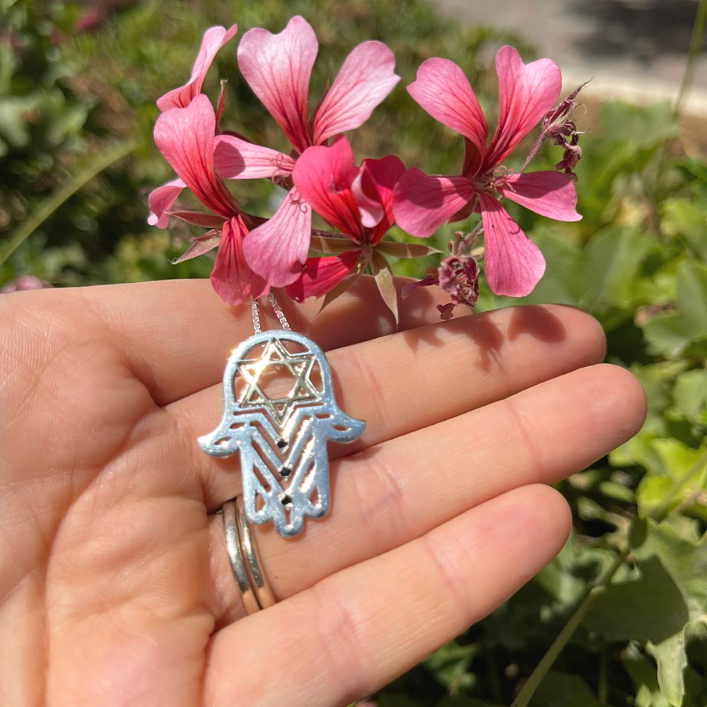 Star of David Hamsa Pendant with Black Diamonds