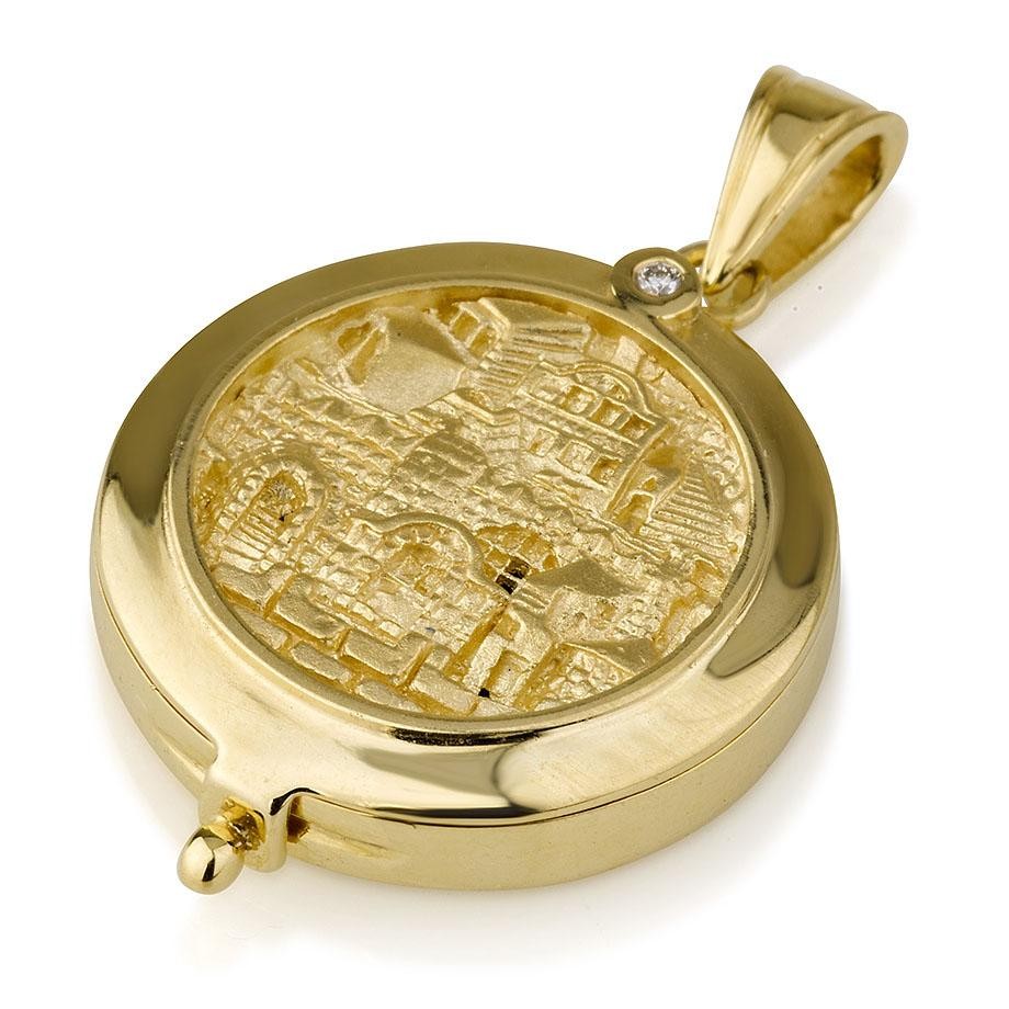 Jerusalem Locket Pendant with Diamond in 14K Gold