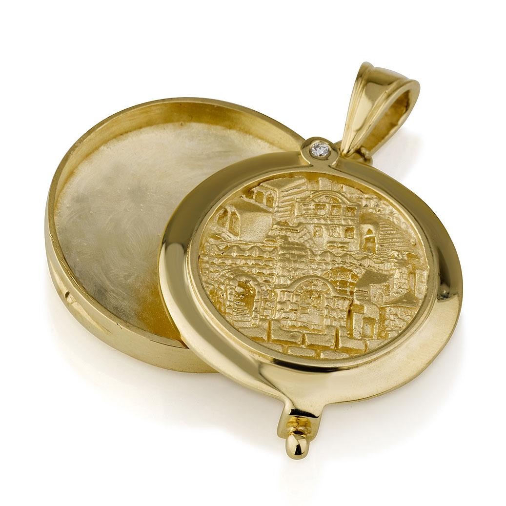 Jerusalem Locket Pendant with Diamond in 14K Gold