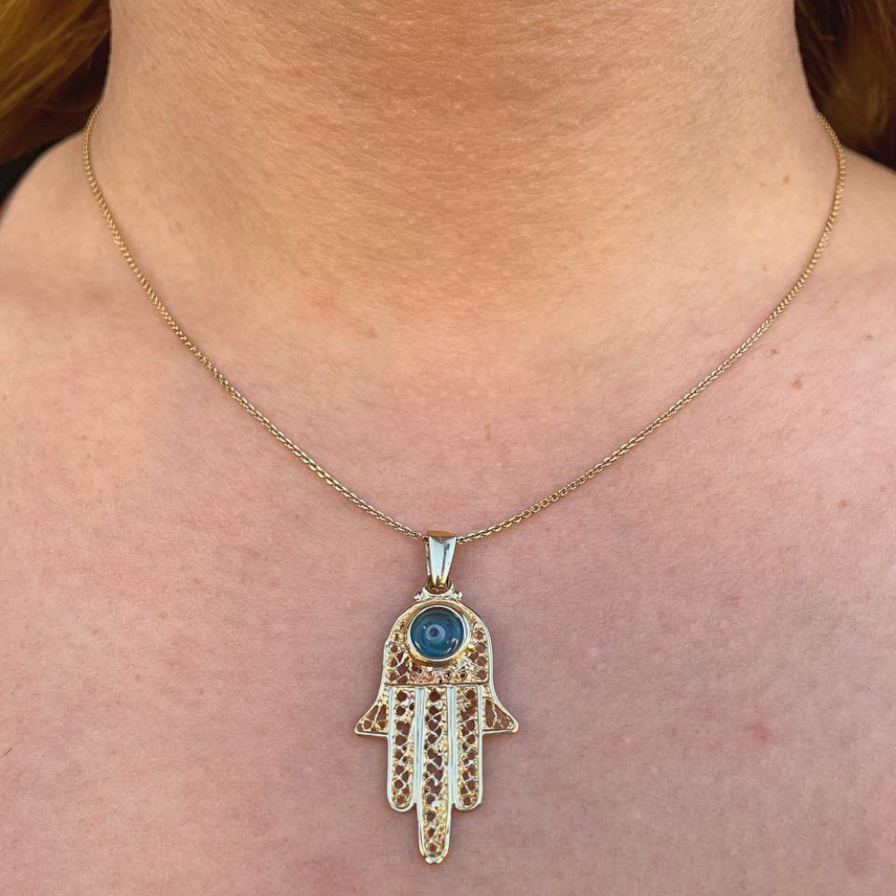 Hamsa Pendant Crystal Evil Eye in 14k Gold Filigree