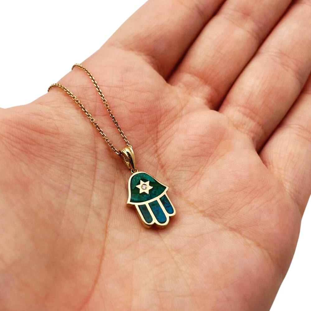 Hamsa Star of David Pendant in 14K Gold with Diamond & Eilat