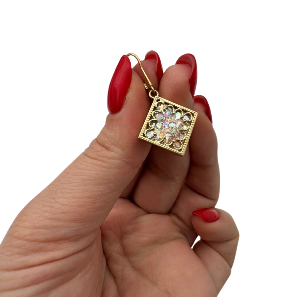 Roman Glass and Yemenite Filigree 14K Gold Earrings - Square