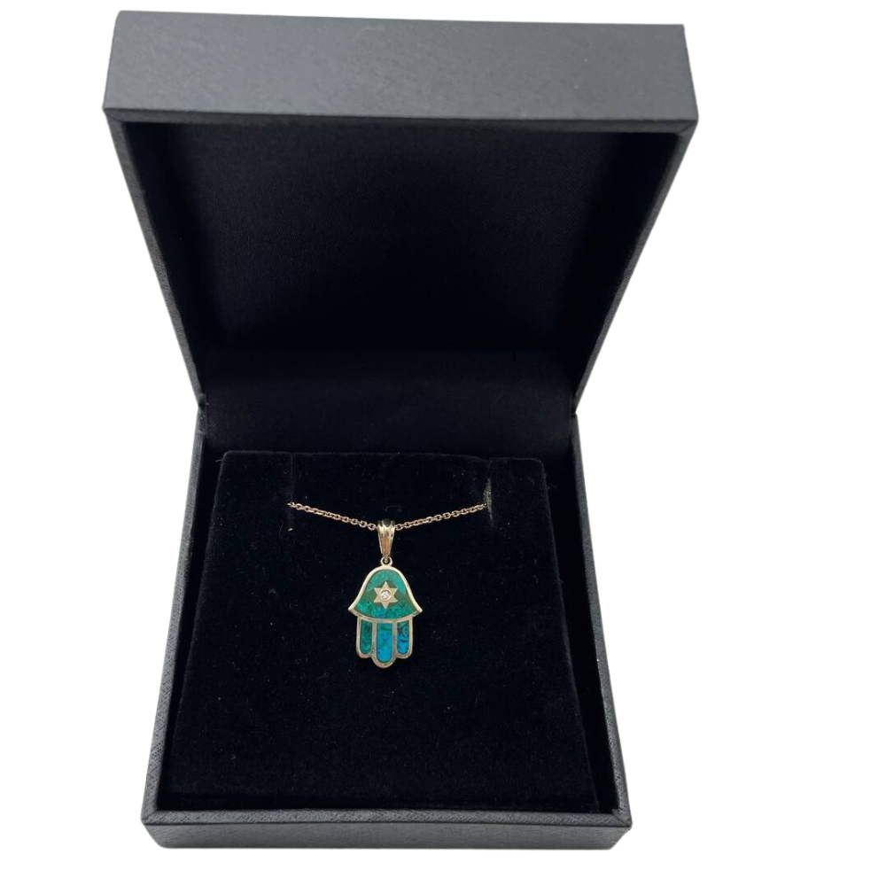 Hamsa Star of David Pendant in 14K Gold with Diamond & Eilat