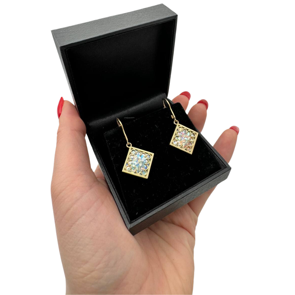 Roman Glass and Yemenite Filigree 14K Gold Earrings - Square