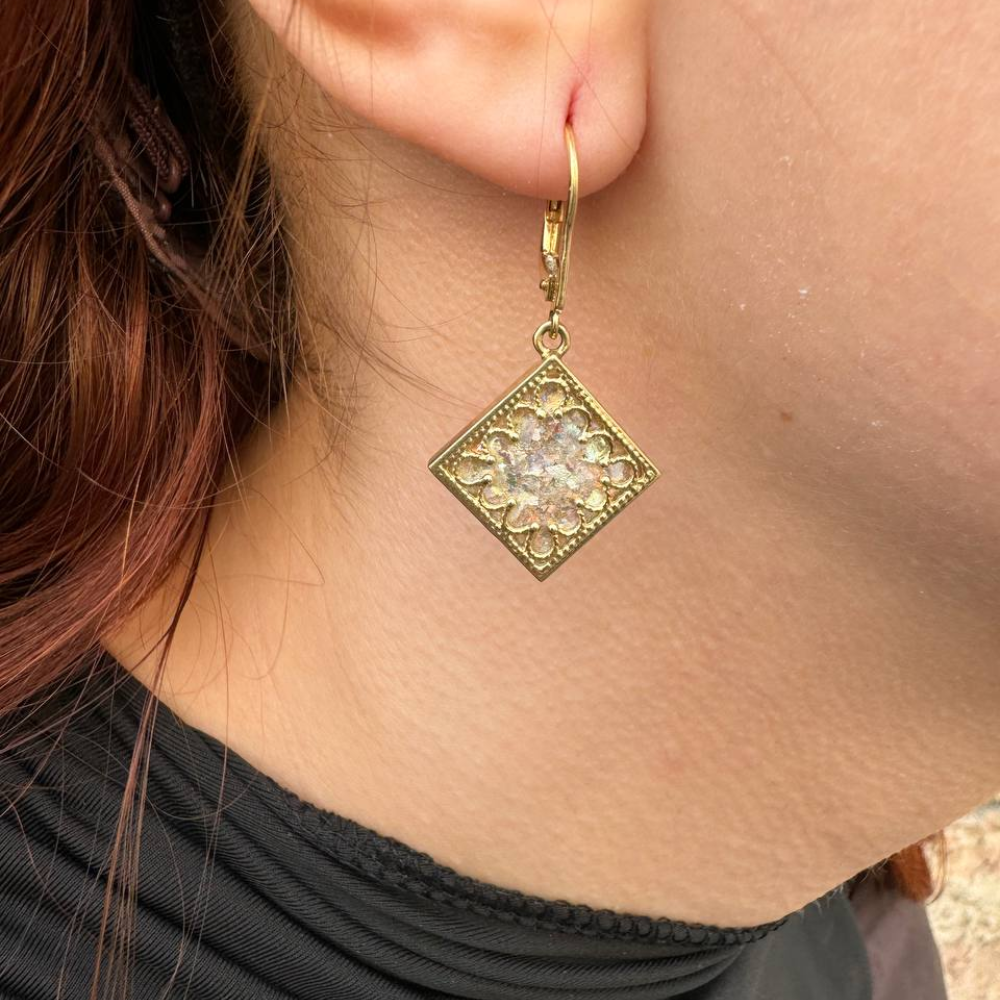 Roman Glass and Yemenite Filigree 14K Gold Earrings - Square