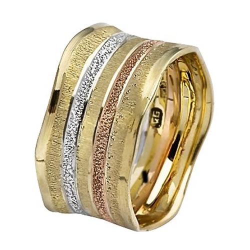 Tri-Color Gold Stripes Wavy Wide Wedding Ring
