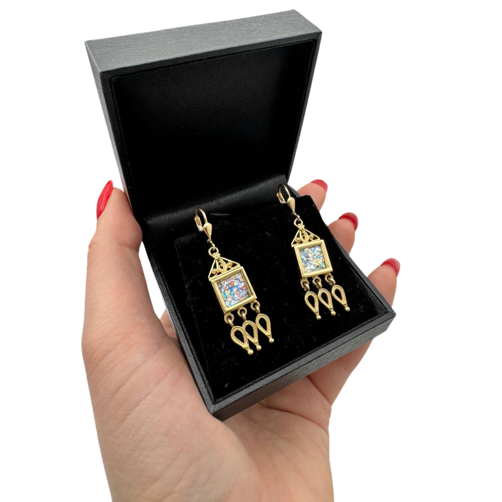 Roman Glass Chandelier Earrings in 14K Gold Filigree Detailing
