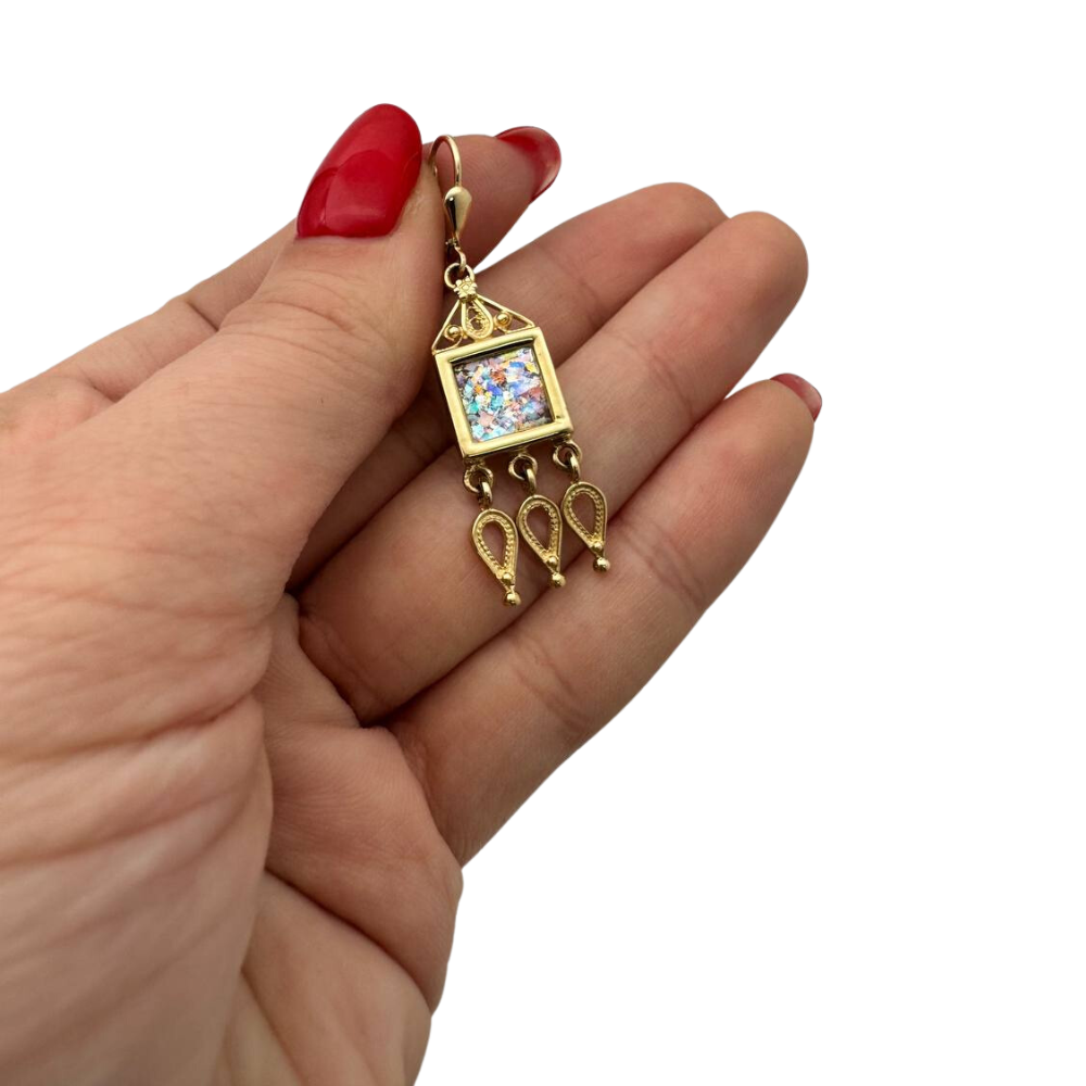 Roman Glass Chandelier Earrings in 14K Gold Filigree Detailing