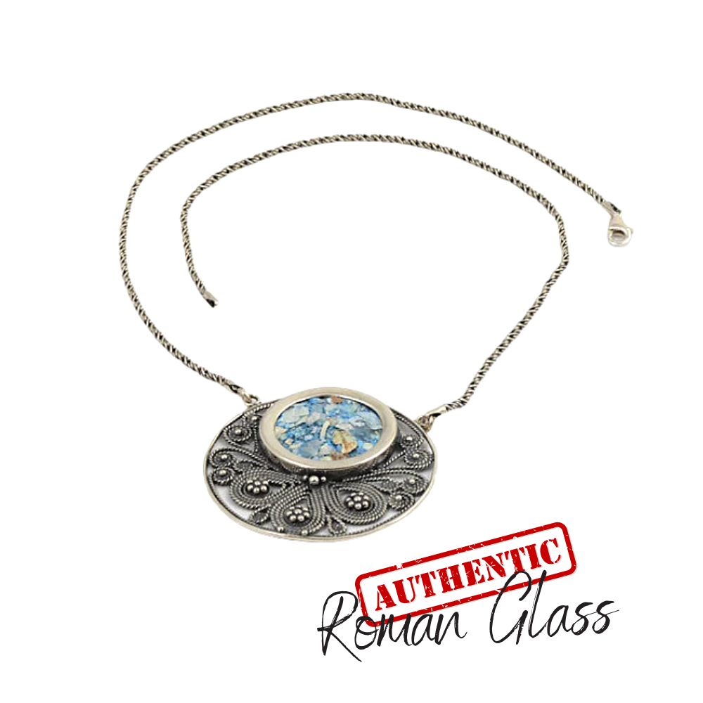 Roman Glass Filigree Silver Necklace