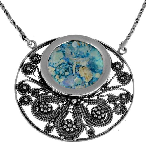 Roman Glass Filigree Silver Necklace