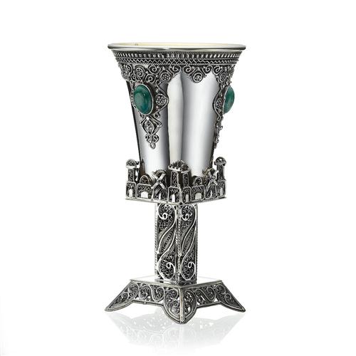 Kiddush Cup - Jerusalem Skyline Eilat Stone Sterling Silver Square