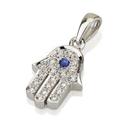 18k White Gold Diamond and Blue Sapphire Hamsa Pendant