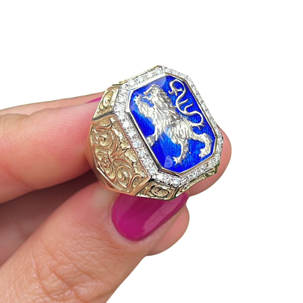 Lion of Judah RING - 14K Gold & Blue Enamel Men's Diamond Signet Ring