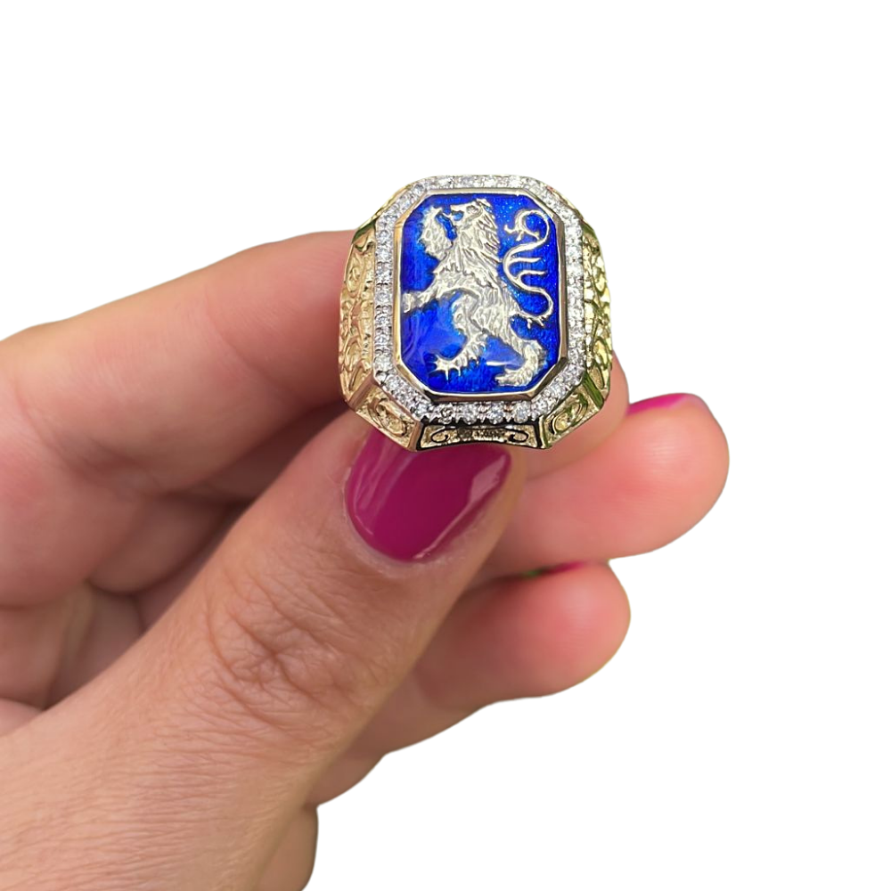 Lion of Judah RING - 14K Gold & Blue Enamel Men's Diamond Signet Ring