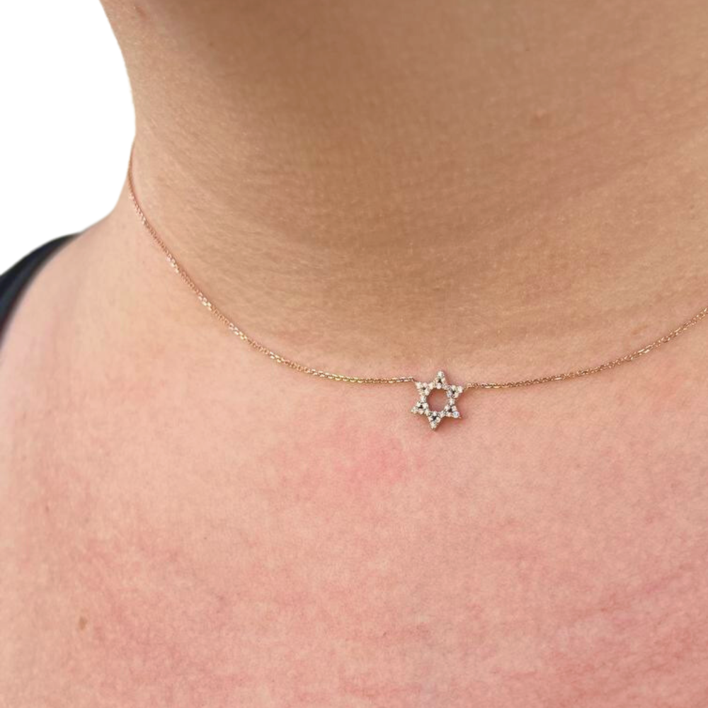 Diamond Star of David Linked Necklace in 14K Gold - Petite