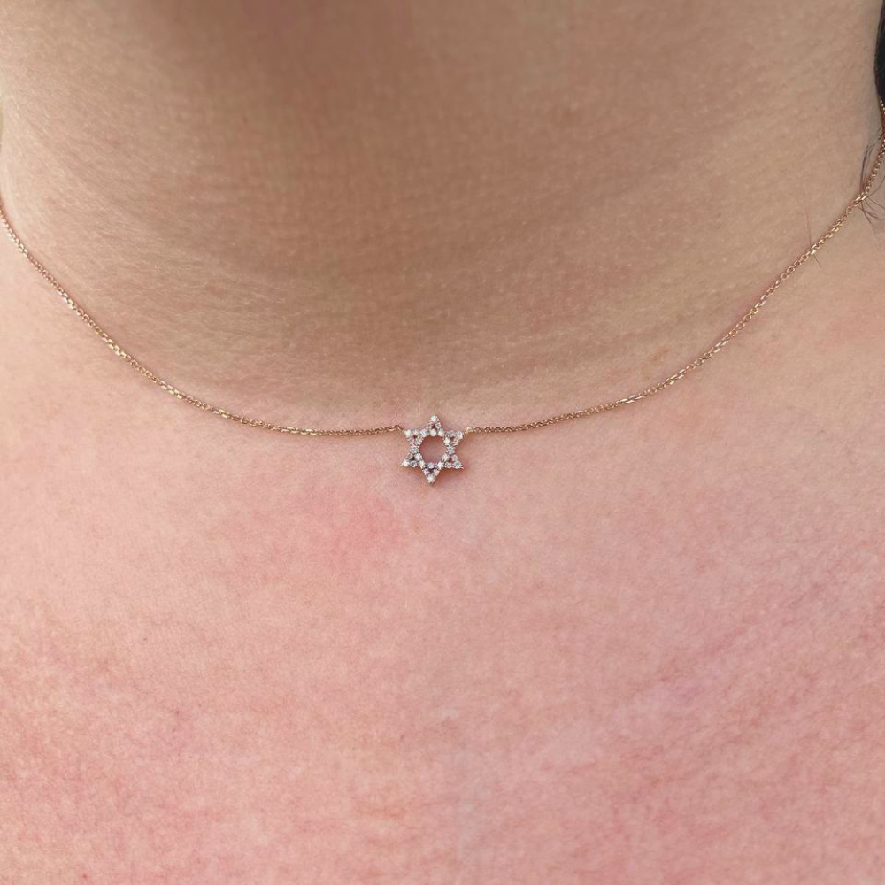 Diamond Star of David Linked Necklace in 14K Gold - Petite