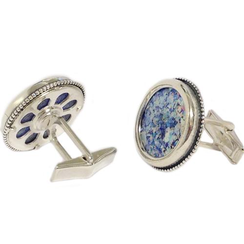 Sterling Silver Roman Glass Large Round Cufflinks