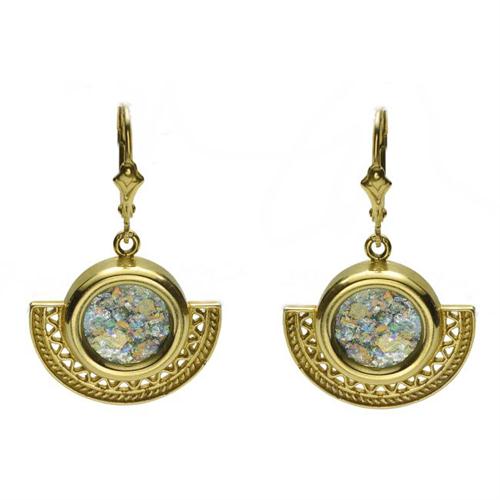 14k Gold Half Circle Roman Glass Earrings