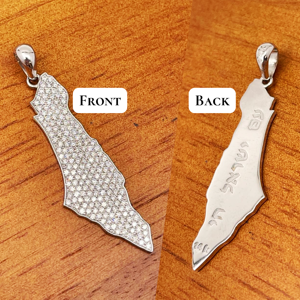 2 Ct Diamond Map of Israel Am Israel Chai Pendant in 14K Gold - 2" Size