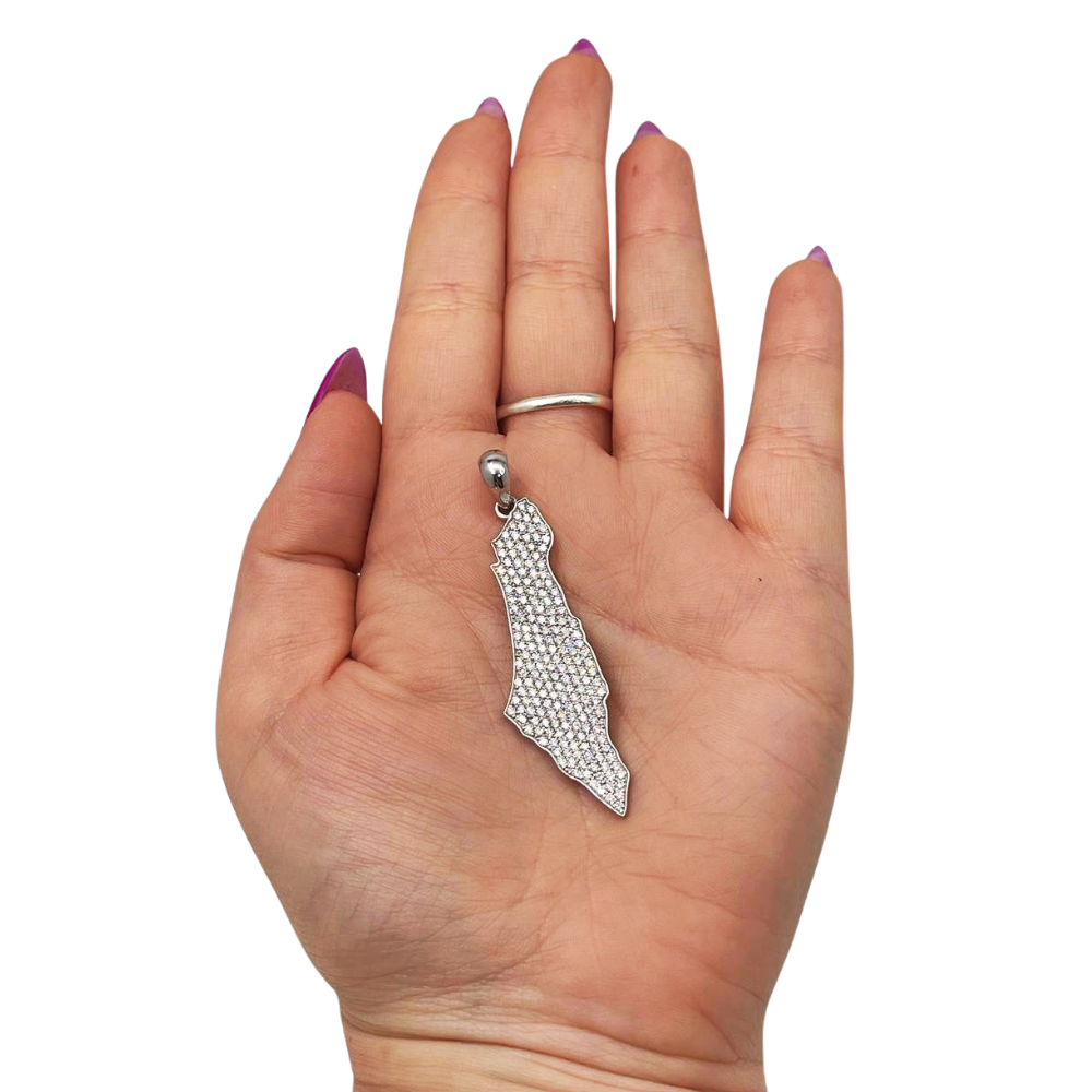 2 Ct Diamond Map of Israel Am Israel Chai Pendant in 14K Gold - 2" Size