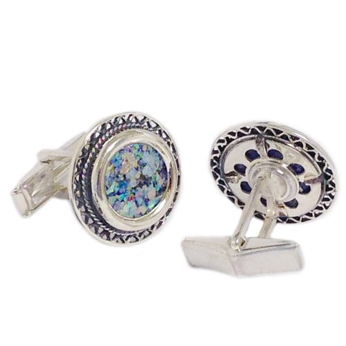 Filigree Sterling Silver Round Roman Glass Cufflinks