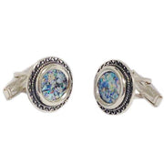 Filigree Sterling Silver Round Roman Glass Cufflinks