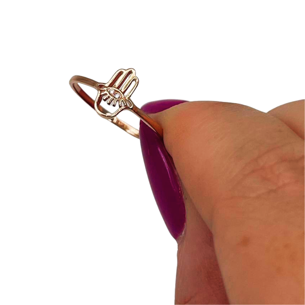 Hamsa Evil Eye Minimalist Ring with Diamonds in 14K Rose Gold