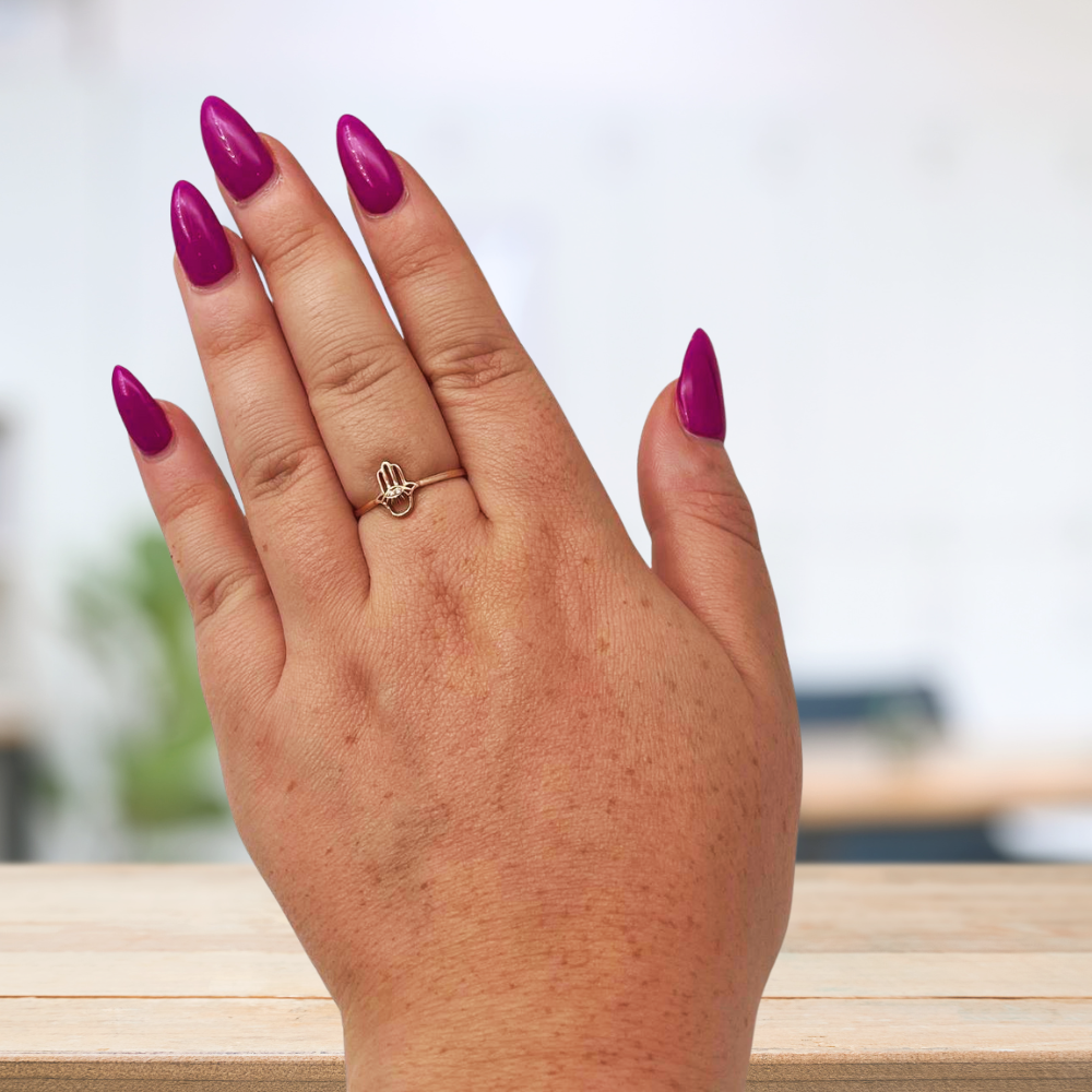 Hamsa Evil Eye Minimalist Ring with Diamonds in 14K Rose Gold