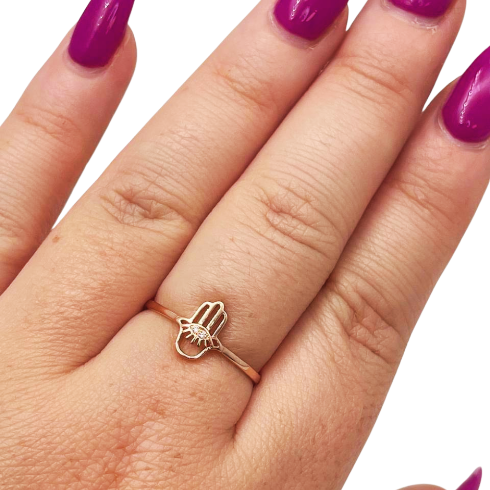 Hamsa Evil Eye Minimalist Ring with Diamonds in 14K Rose Gold