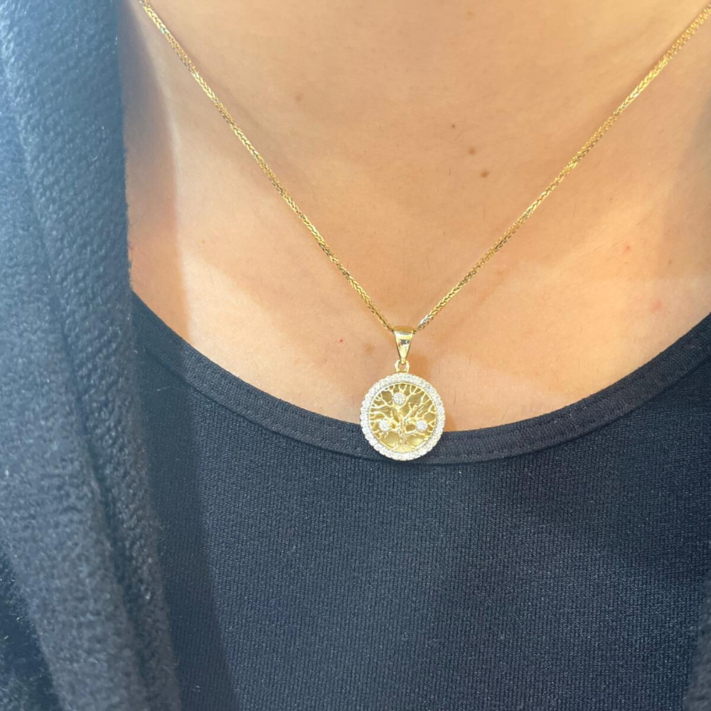 14K Yellow Gold Round Tree of Life Pendant With Diamonds (Small)