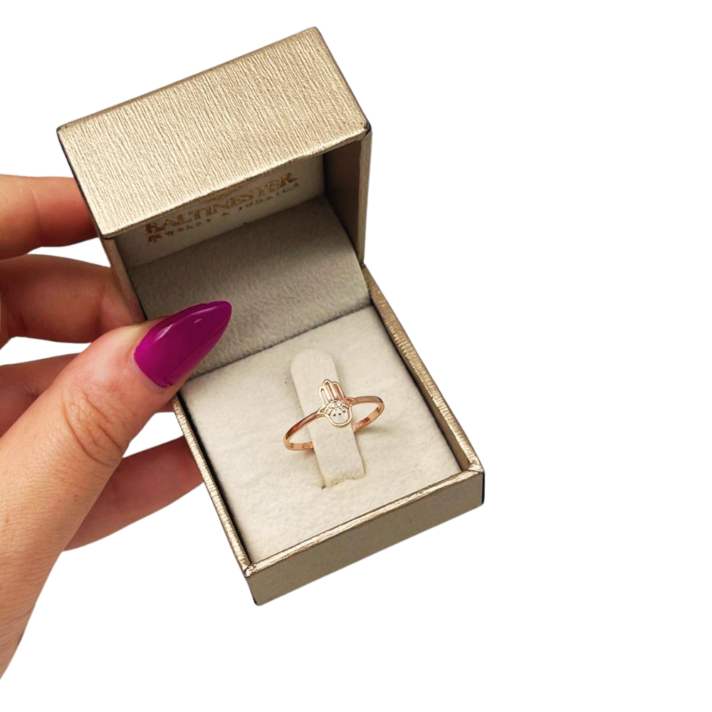 Hamsa Evil Eye Minimalist Ring with Diamonds in 14K Rose Gold