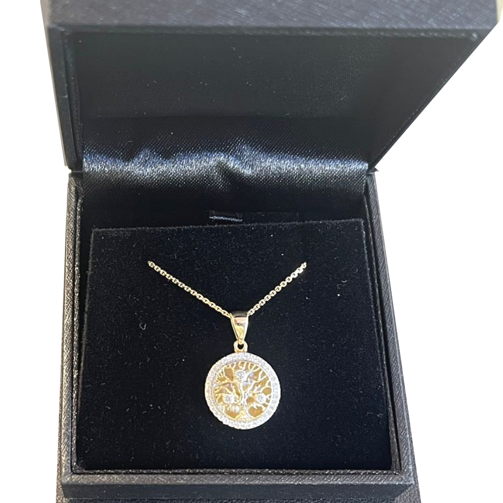 14K Yellow Gold Round Tree of Life Pendant With Diamonds (Small)