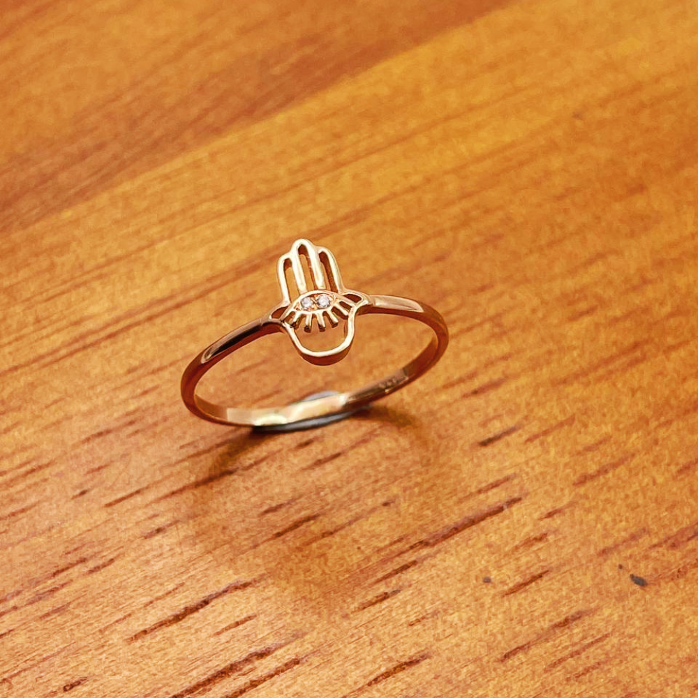 Hamsa Evil Eye Minimalist Ring with Diamonds in 14K Rose Gold