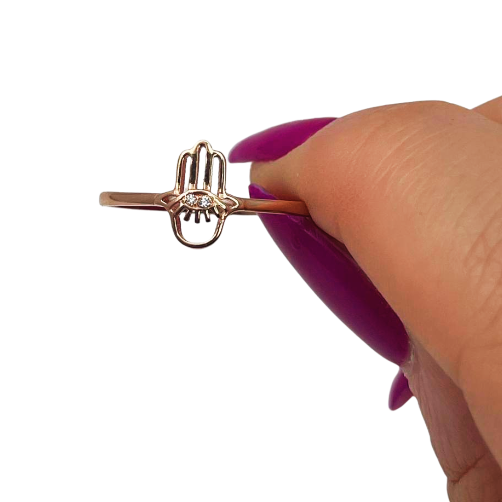 Hamsa Evil Eye Minimalist Ring with Diamonds in 14K Rose Gold